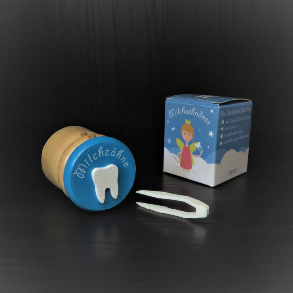 ZWEN Milchzahndose aus Holz mit Schraubverschluss, Pinzette & Zahnfee-Brief + GRATIS E-Book | Milchzahnbox [Blau] - Zwenshop