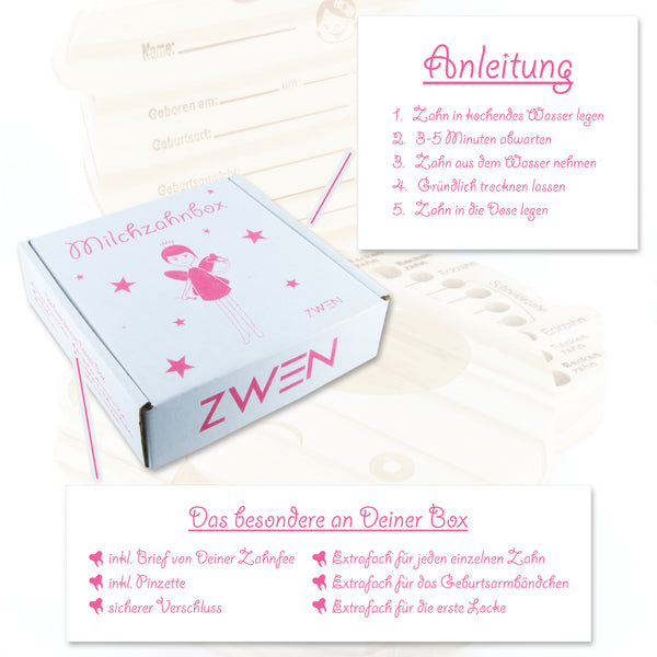 ZWEN MILCHZAHNBOX 2.0 [neue Version] + süßer Zahnfeebrief | GRATIS E-Book | Milchzahndose für Mädchen - Zwenshop