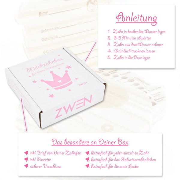 ZWEN MILCHZAHNBOX 3.0 [Prinzessin / Pirat] + süßer Zahnfeebrief | GRATIS E-Book | Milchzahndose farbig [Prinzessin Braun] - Zwenshop