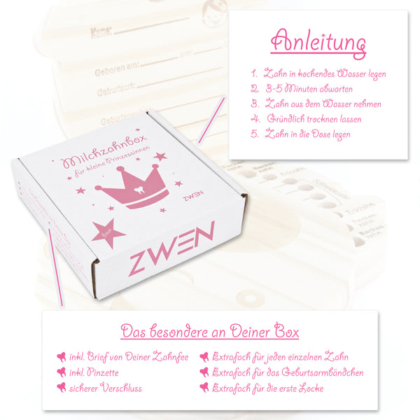 ZWEN MILCHZAHNBOX 3.0 [Prinzessin / Pirat] + süßer Zahnfeebrief | GRATIS E-Book | Milchzahndose farbig [Prinzessin Braun] - Zwenshop