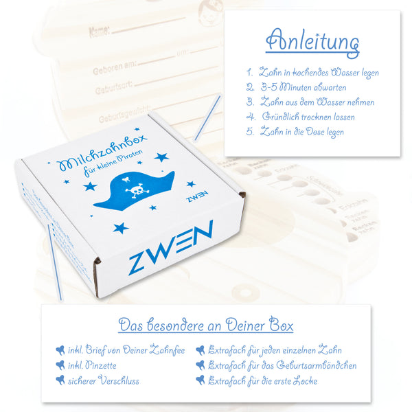 ZWEN MILCHZAHNBOX 3.0 [Prinzessin / Pirat] + süßer Zahnfeebrief | GRATIS E-Book | Milchzahndose farbig [Pirat] - Zwenshop