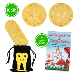 ZWEN Zahnfee Münzen Gold (10 STK) - Zahnfee Geschenke für Mädchen & Jungen + GRATIS E-Book mit 20 Zahnfee Geschichten - Zwenshop