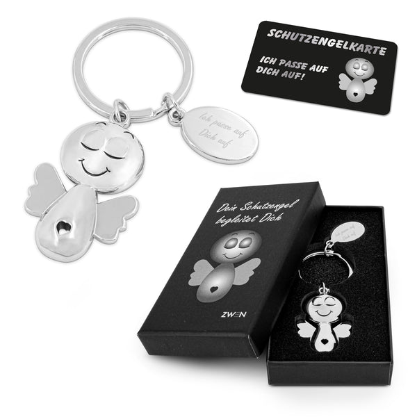 ZWEN Schutzengel Schlüsselanhänger "CUTY" mit Geschenkbox & Schutzengelkarte | Edler Glücksbringer Silber glänzend als Talisman - Zwenshop