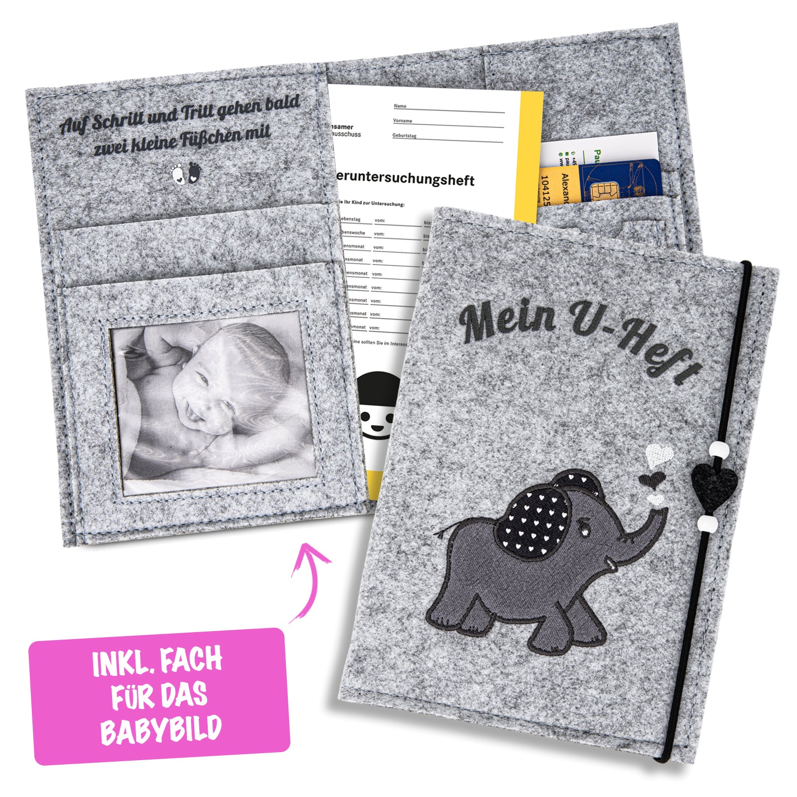 ZWEN U-Heft Hülle Elefant grau - U Hefthülle filz für deutsches U Heft handmade -  U Heft Organizer mit Impfpass Fach - U Heft Hülle personalisierbar mit Bild - Impfpass Hülle - Zwenshop