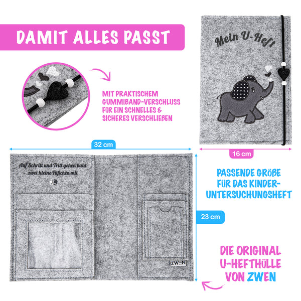 ZWEN U-Heft Hülle Elefant grau - U Hefthülle filz für deutsches U Heft handmade -  U Heft Organizer mit Impfpass Fach - U Heft Hülle personalisierbar mit Bild - Impfpass Hülle - Zwenshop