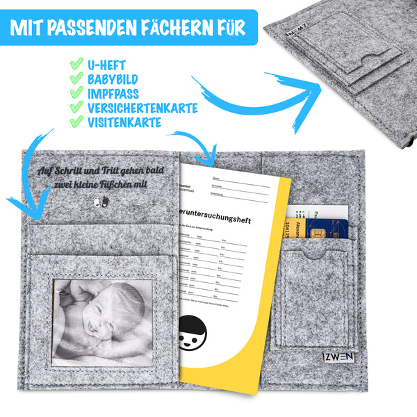 ZWEN U-Heft Hülle Elefant grau - U Hefthülle filz für deutsches U Heft handmade -  U Heft Organizer mit Impfpass Fach - U Heft Hülle personalisierbar mit Bild - Impfpass Hülle - Zwenshop