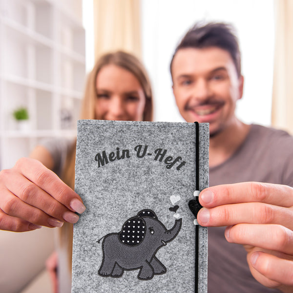 ZWEN U-Heft Hülle Elefant grau - U Hefthülle filz für deutsches U Heft handmade -  U Heft Organizer mit Impfpass Fach - U Heft Hülle personalisierbar mit Bild - Impfpass Hülle - Zwenshop