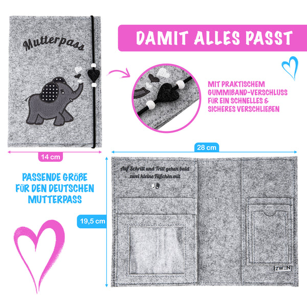 ZWEN Mutterpasshülle Elefant grau - Mutterpasshülle filz für deutschen Mutterpass - Zwenshop