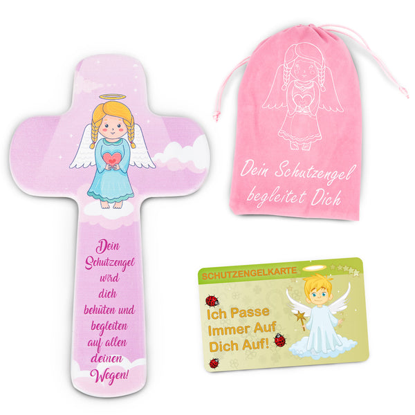 ZWEN Kinder-Holzkreuz Schutzengel | Holz Kruzifix als Taufkreuz | Geschenk zur Kommunion, Taufe, Geburt für 20 cm [Pink] - Zwenshop