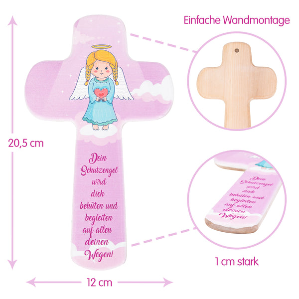 ZWEN Kinder-Holzkreuz Schutzengel | Holz Kruzifix als Taufkreuz | Geschenk zur Kommunion, Taufe, Geburt für 20 cm [Pink] - Zwenshop