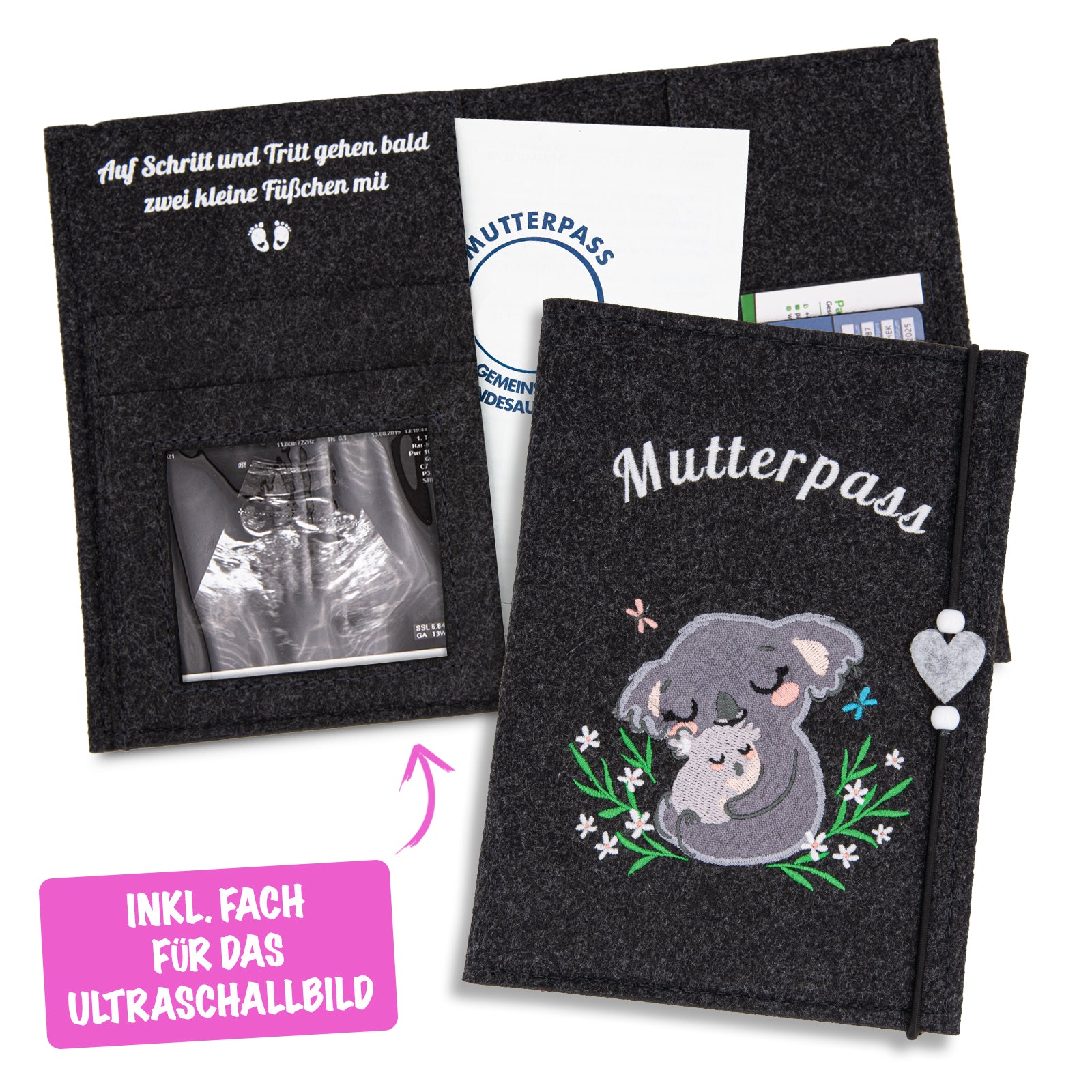 ZWEN Mutterpasshülle Koala grau - Mutterpasshülle filz für deutschen Mutterpass handmade - Mutterpass Organizer mit Fächern für Ultraschallbild, Impfpass etc. als Schwangerschaft Geschenk - Zwenshop