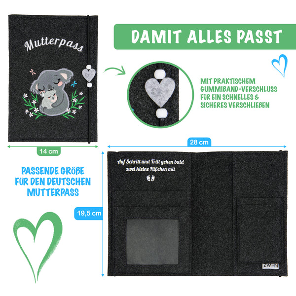 ZWEN Mutterpasshülle Koala grau - Mutterpasshülle filz für deutschen Mutterpass handmade - Mutterpass Organizer mit Fächern für Ultraschallbild, Impfpass etc. als Schwangerschaft Geschenk - Zwenshop